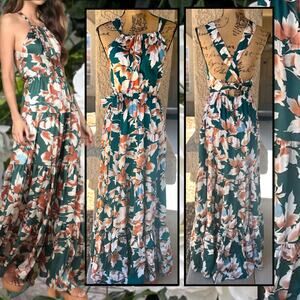 Lulus Green Floral Print Tie-Back Tiered Maxi Heat Wave Babe Dress Size S